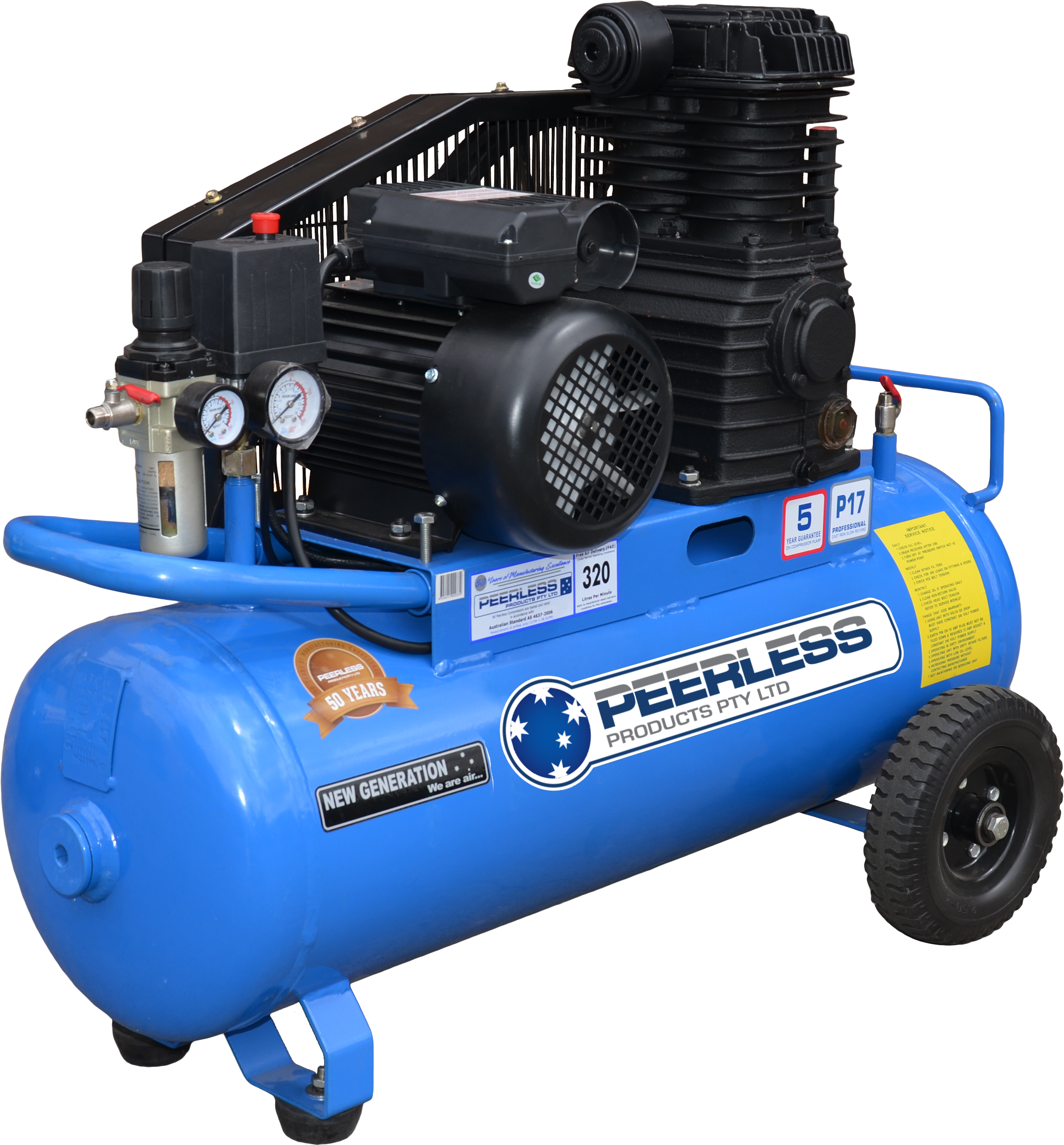 P17 Single Phase Air Compressor: Belt Drive, 15Amp, 3.5HP, 320LPM