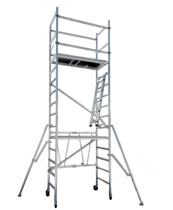 6m Reach Mobile Aluminium Scaffold (Base Unit + Extension Pack + Guardrail Pack + Adjustable wheels)
