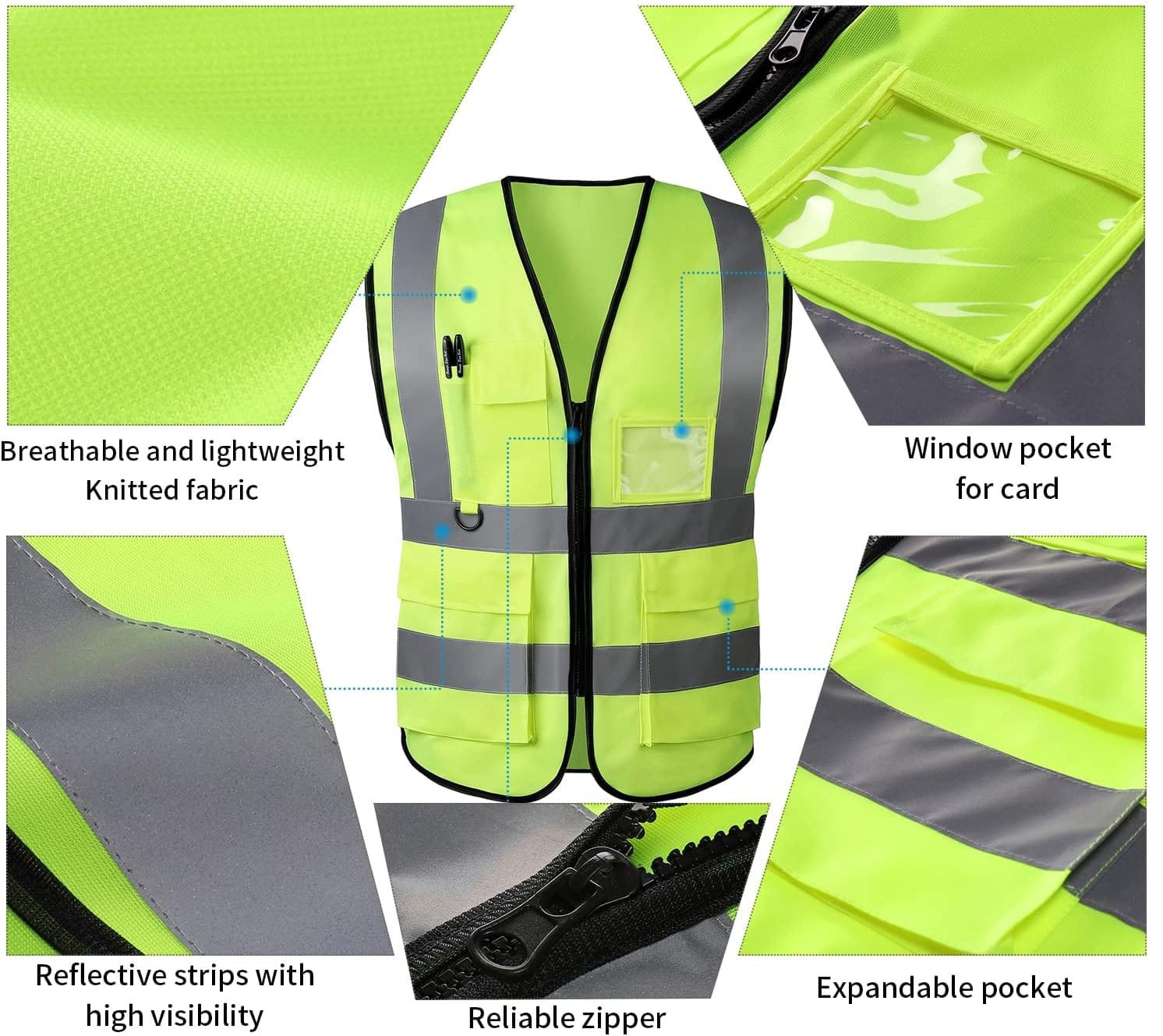 Mesh Reflective Safety Vest with Pockets and ID Badge Holder Unisex Workwear with High Visibility Yellow