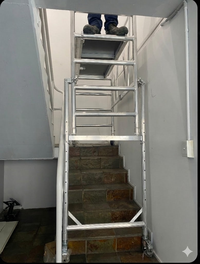 4.2m Reach Mobile Aluminium Scaffold (Base Unit + Guardrail Pack + Adjustable wheels + Stairs pack)