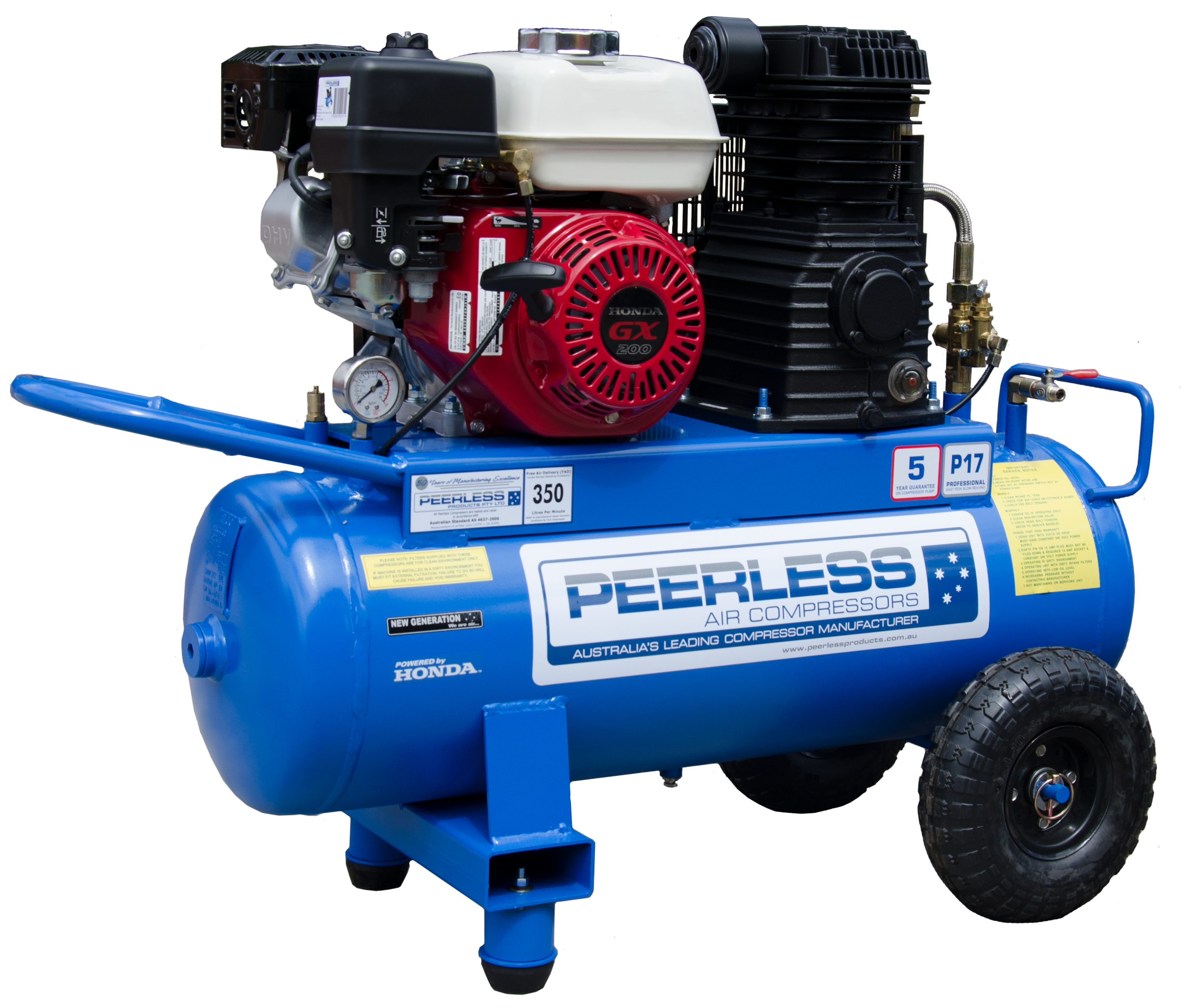 Portable P17 Petrol Air Compressor: Belt Drive, Honda GX200, 350LPM